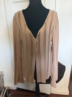 Beige Striped V-Neck Women’s Cardigan Sweater